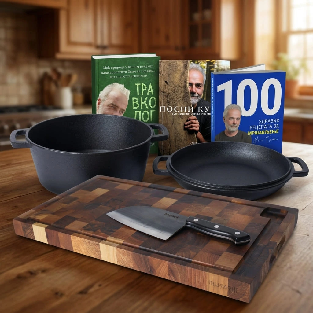 Premium Kuhinjski Set · Double Dutch Oven + Satara + Premium Daska + 3 Knjige